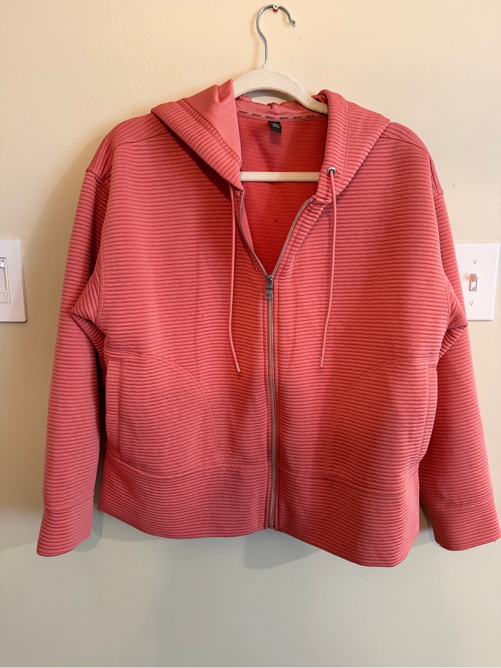 DKNY Ribbed Hooded Sweater Jacket in Dusty Rose